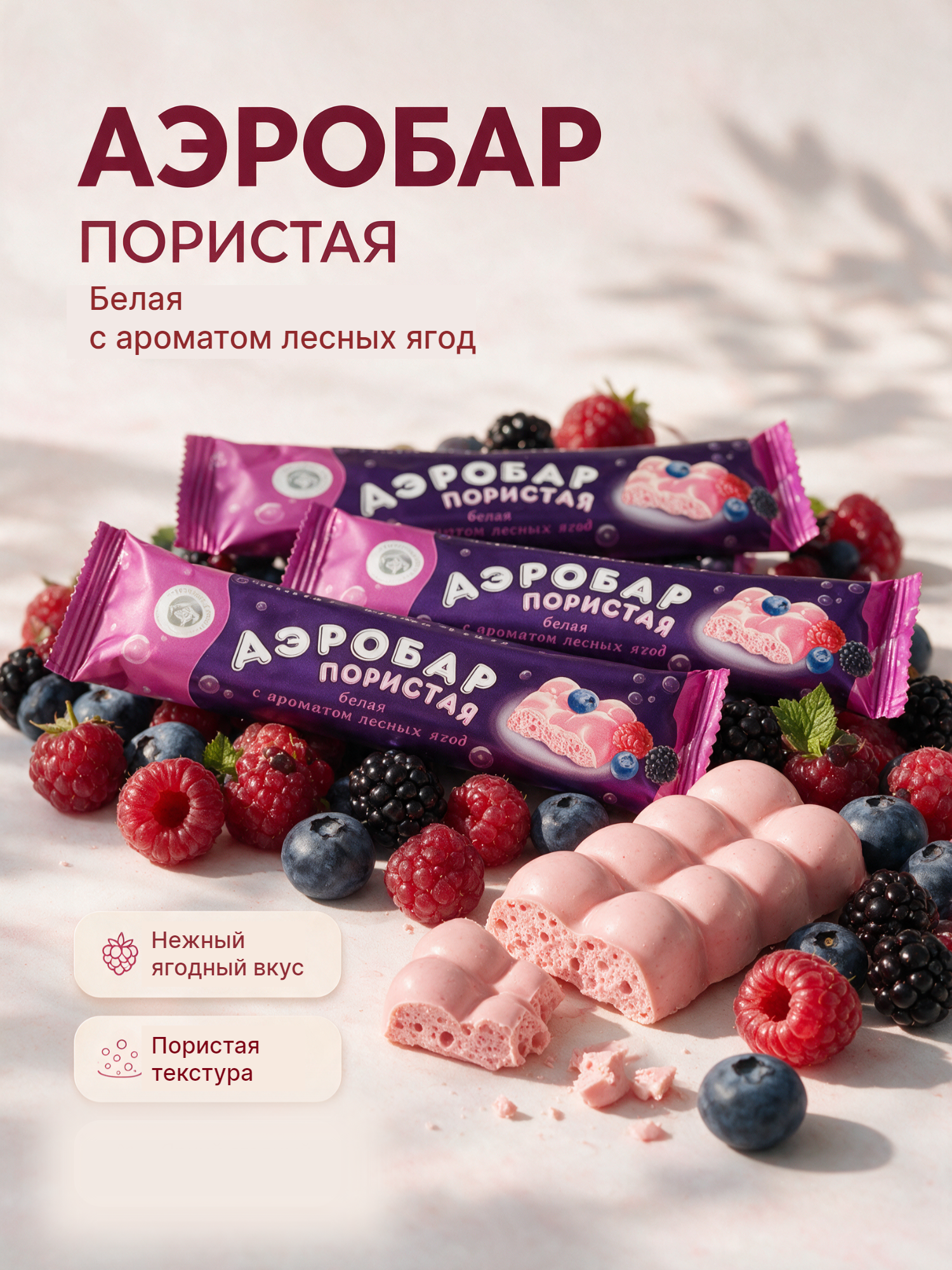 Аэробар белая пористая кондитерская плитка с ароматом лесных ягод, 18 шт по 28 г
