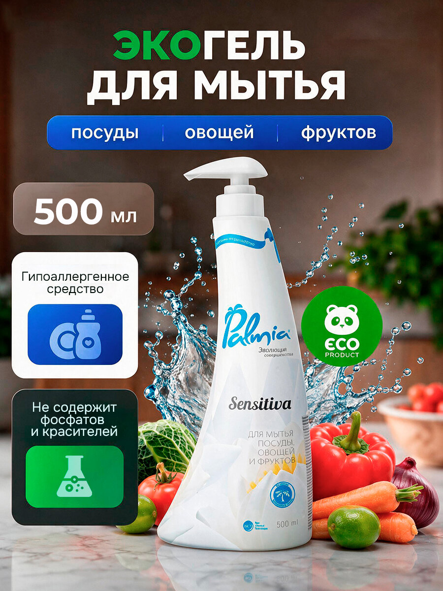 Средство для мытья посуды, овощей и фруктов Palmia Sensitiva, гель для мытья посуды гипоаллергенный, без красителей и запаха, бутылка с дозатором 500 мл