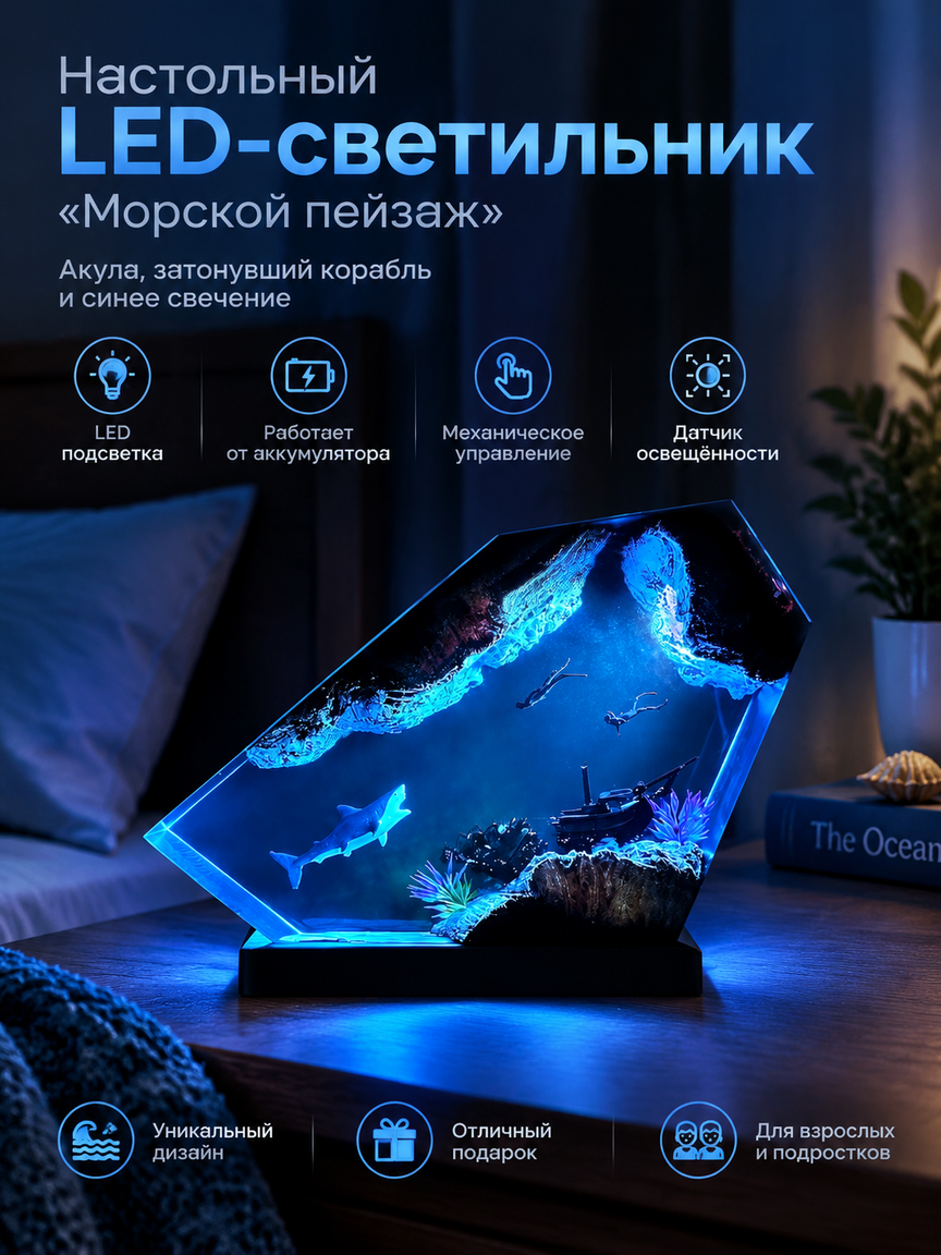 Настольный LED-светильник «Морской пейзаж»: акула, затонувший корабль и синее свечение, ночник