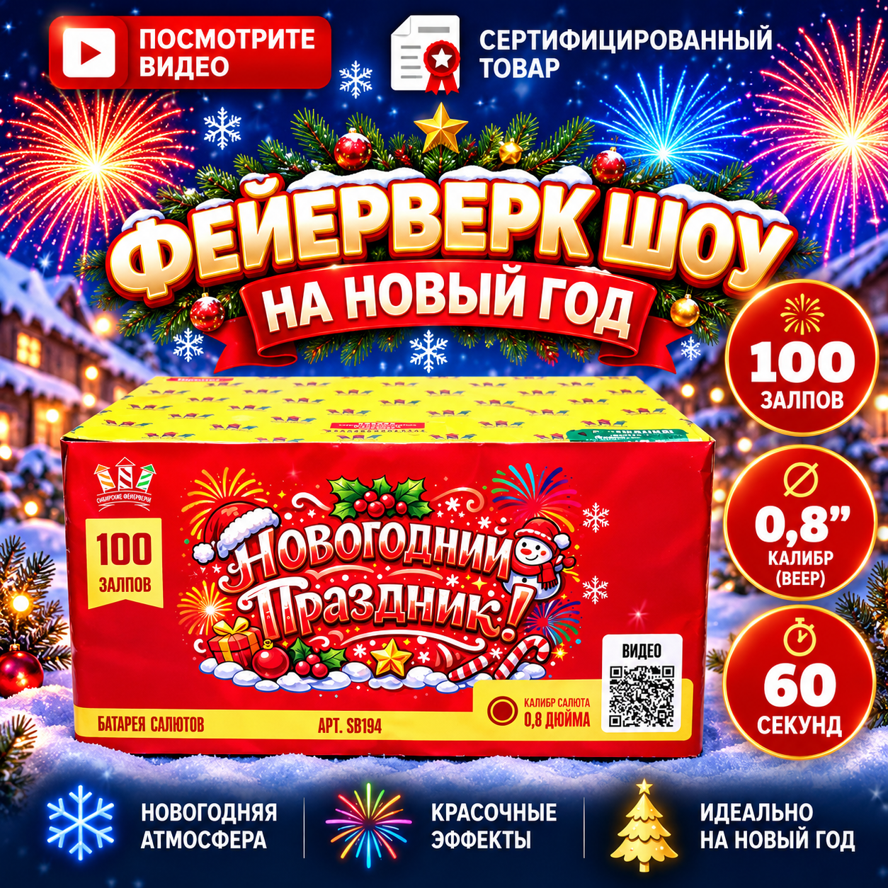 Салют Новогодний праздник 100 залпов, калибр 0,8 (веер)