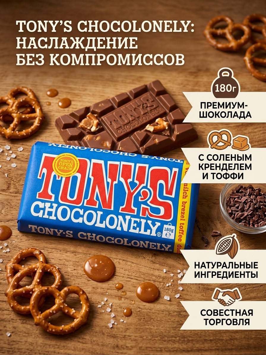 TONY'S Шоколад молочный с кренделем и тоффи 180 гр