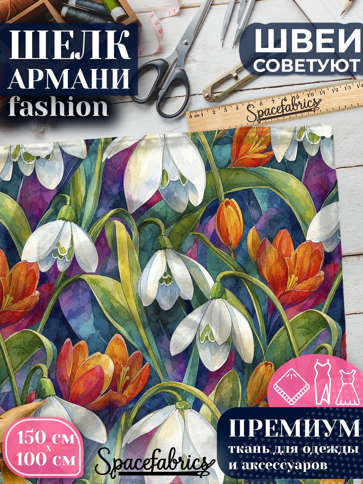 Ткань для шитья шелк Армани, искусственный шелк для костюмов, платьев, юбок с принтом Подснежники