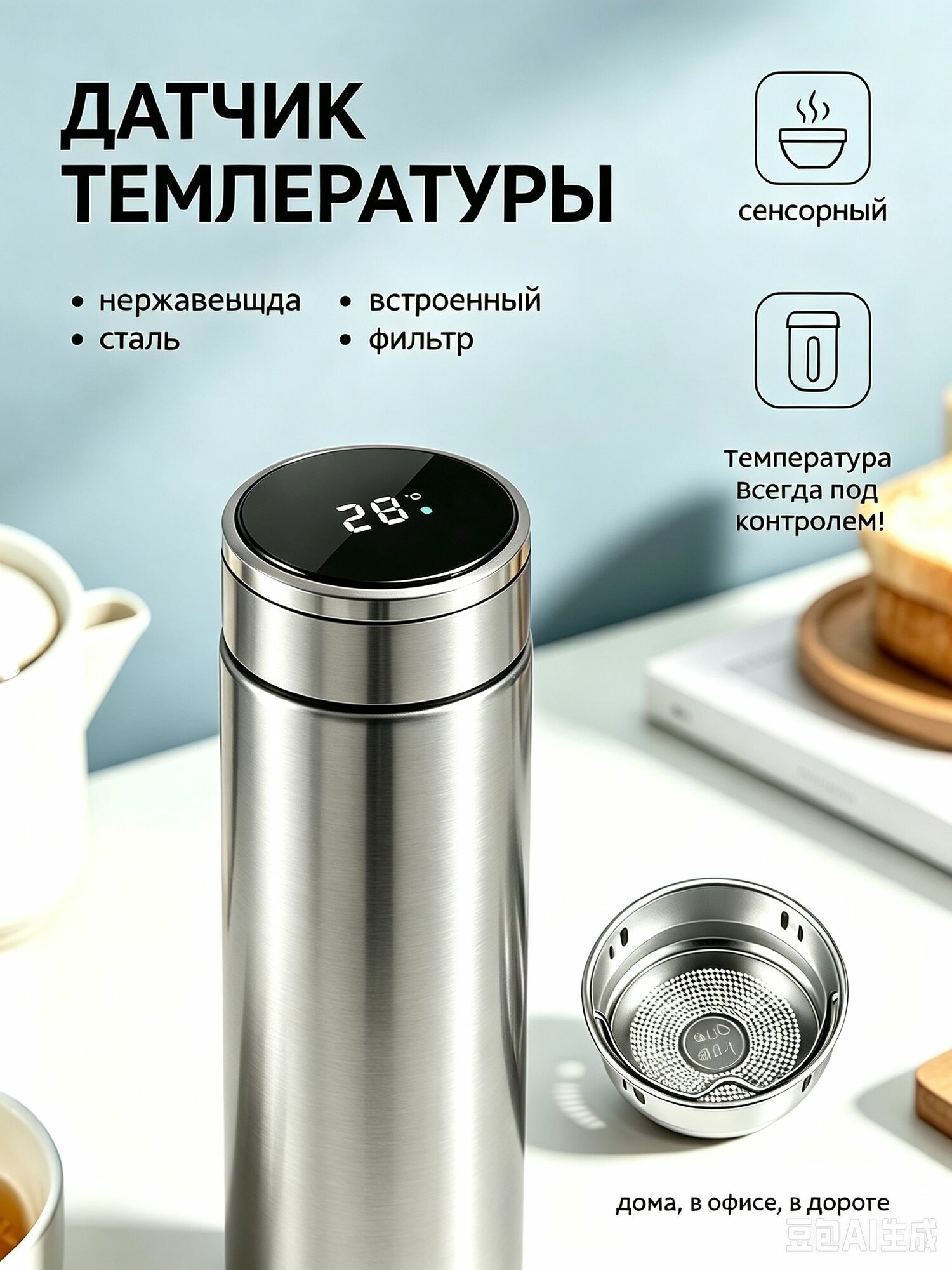Термос 0.5 л, холод 15 ч, тепло 12 ч, с ситечком, серебристый