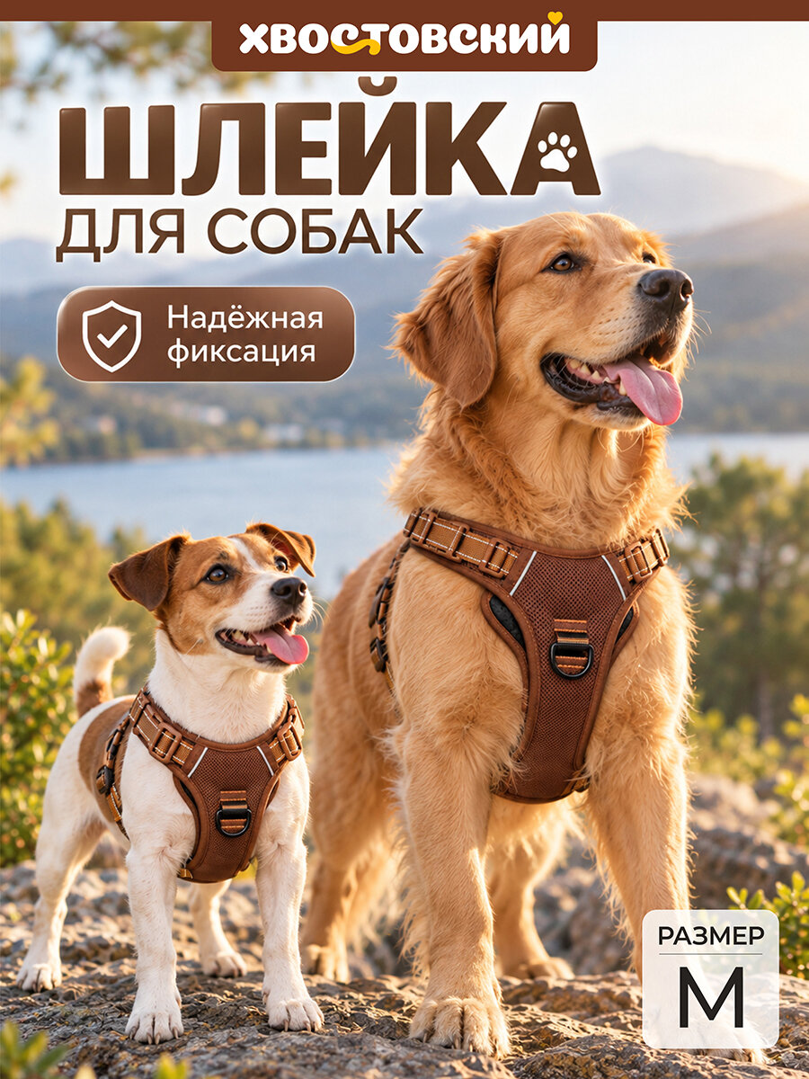 Шлейка для собак M Хвостовский, коричневый, регулируемая, светоотражающая