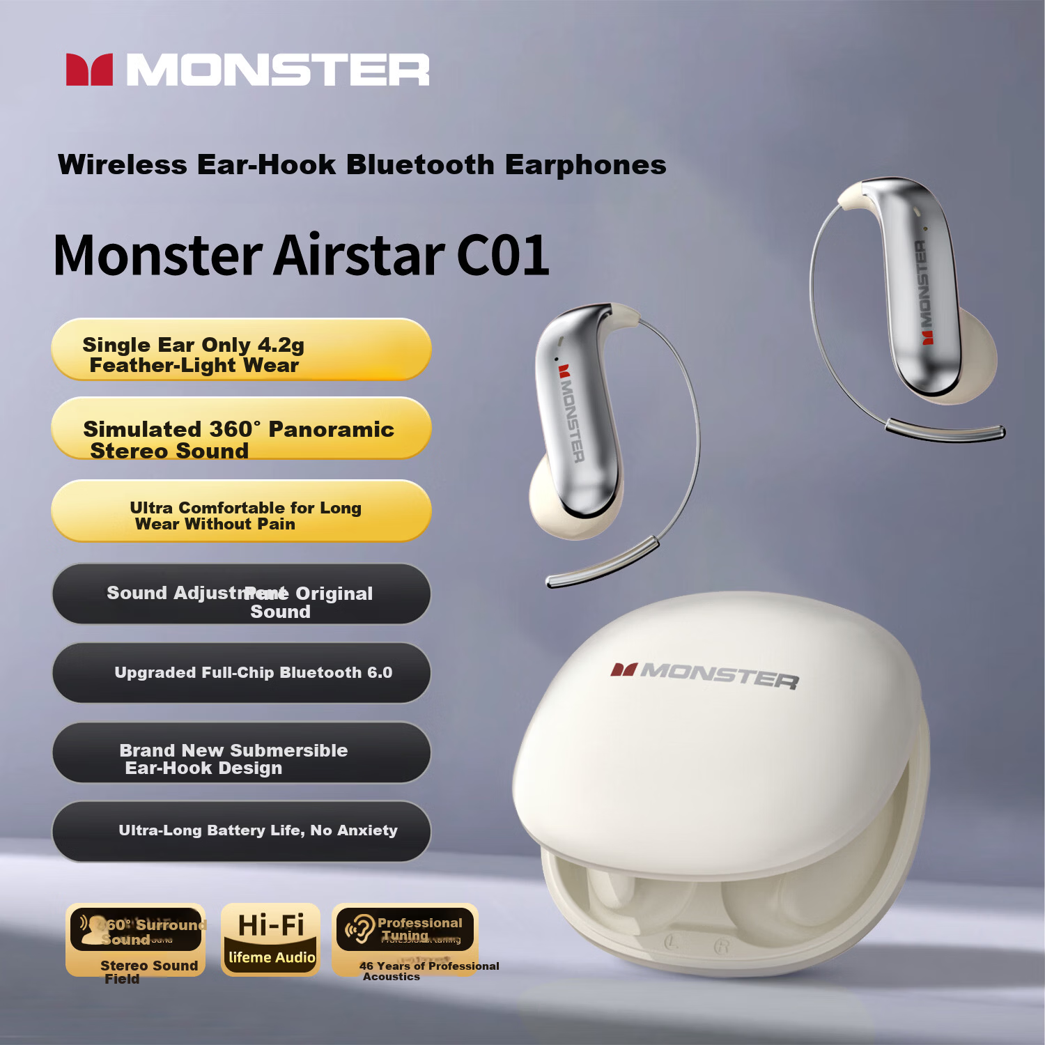 Monster C01 Clip-On Bluetooth Наушники для Игры с ИИ Музыка Низкая Задержка Легкий Комфортный Звук Объемный Спорт Бег