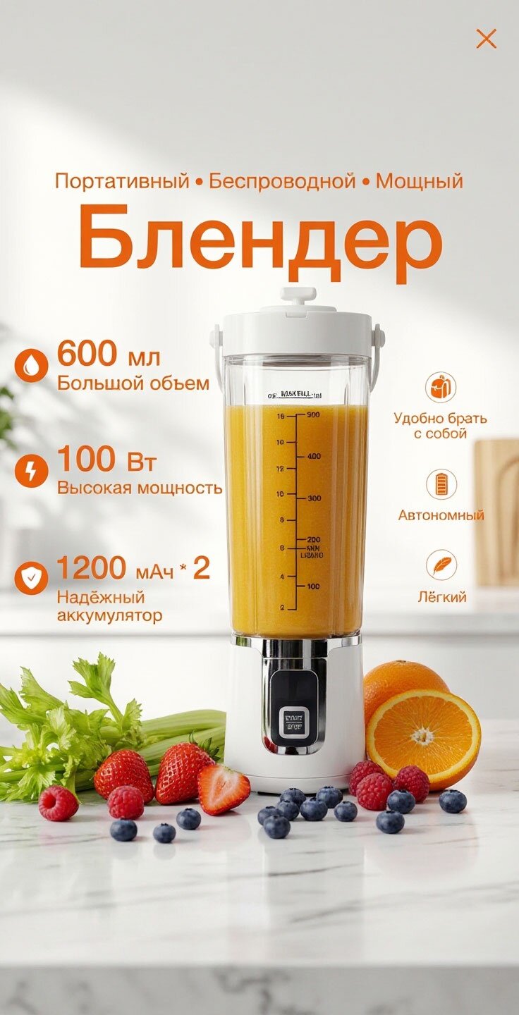 Портативный блендер-смузиермощный, аккумуляторный, 100 Вт, 600мл