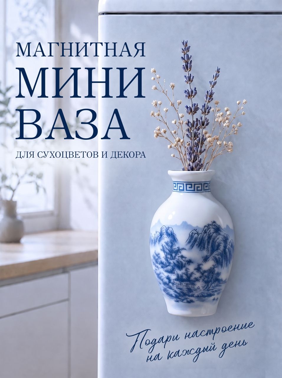 Магнитная мини ваза на холодильник / Ваза маленькая для цветов и сухоцветов, декоративная интерьерная / Высота 8 см
