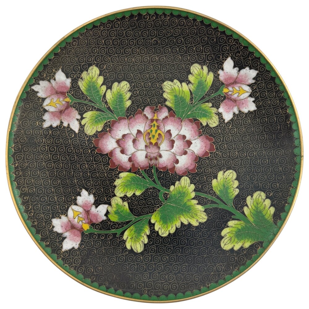 Тарелка декоративная "Пионы", 20 см, клуазоне, эмаль (черная), 1940-1960 гг, Китай