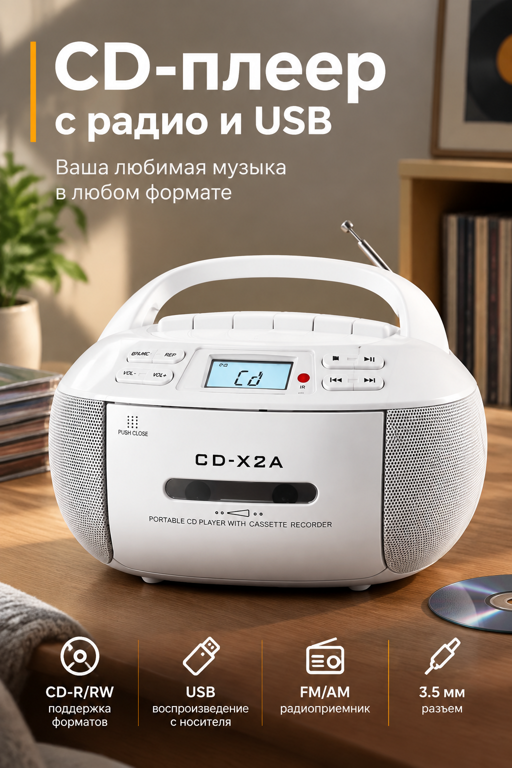 Белый CD-проигрыватель с радио и воспроизведением с USB, 15 Вт