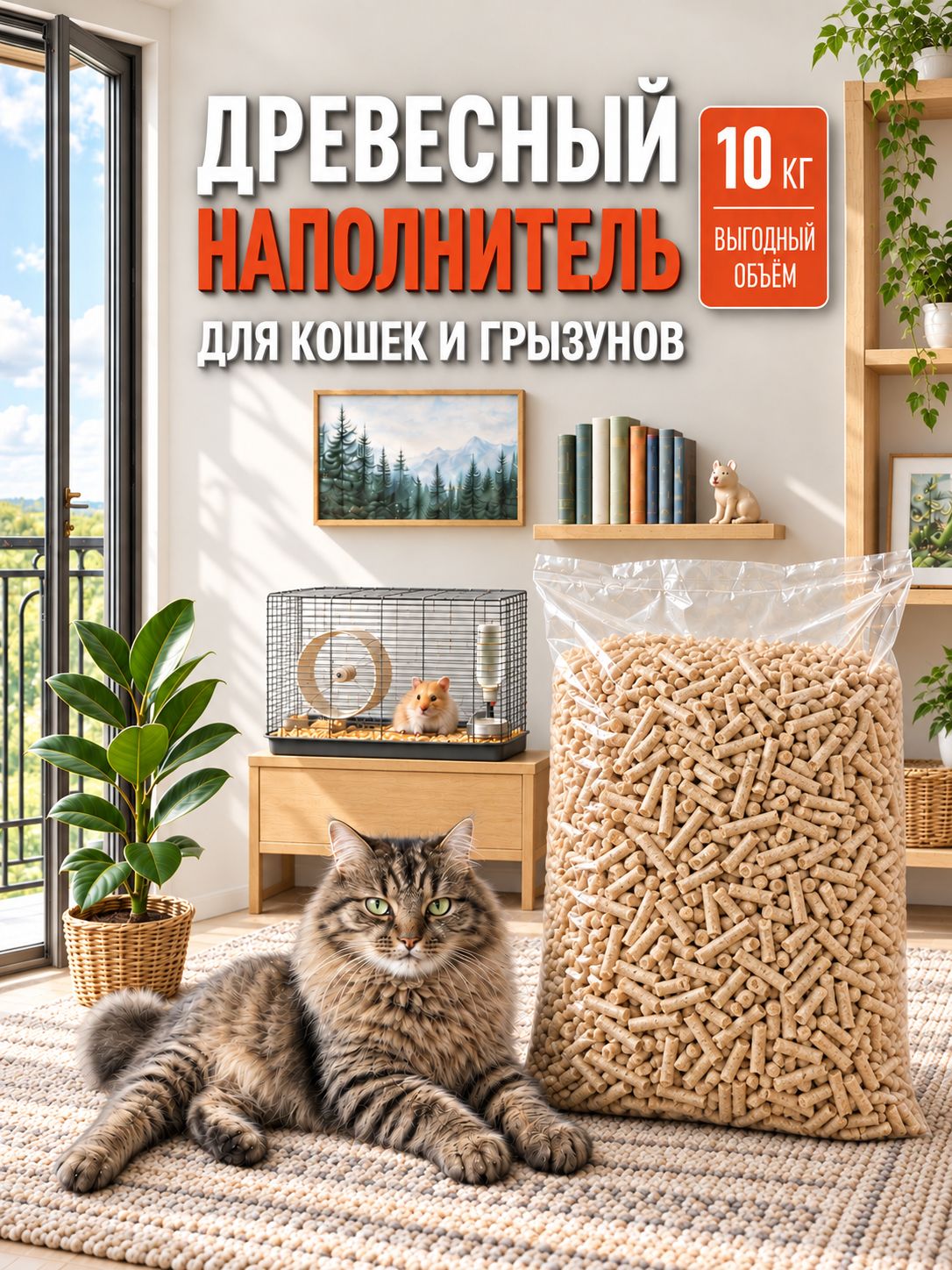 Наполнитель древесный впитывающий для кошачьего туалета, 10 кг