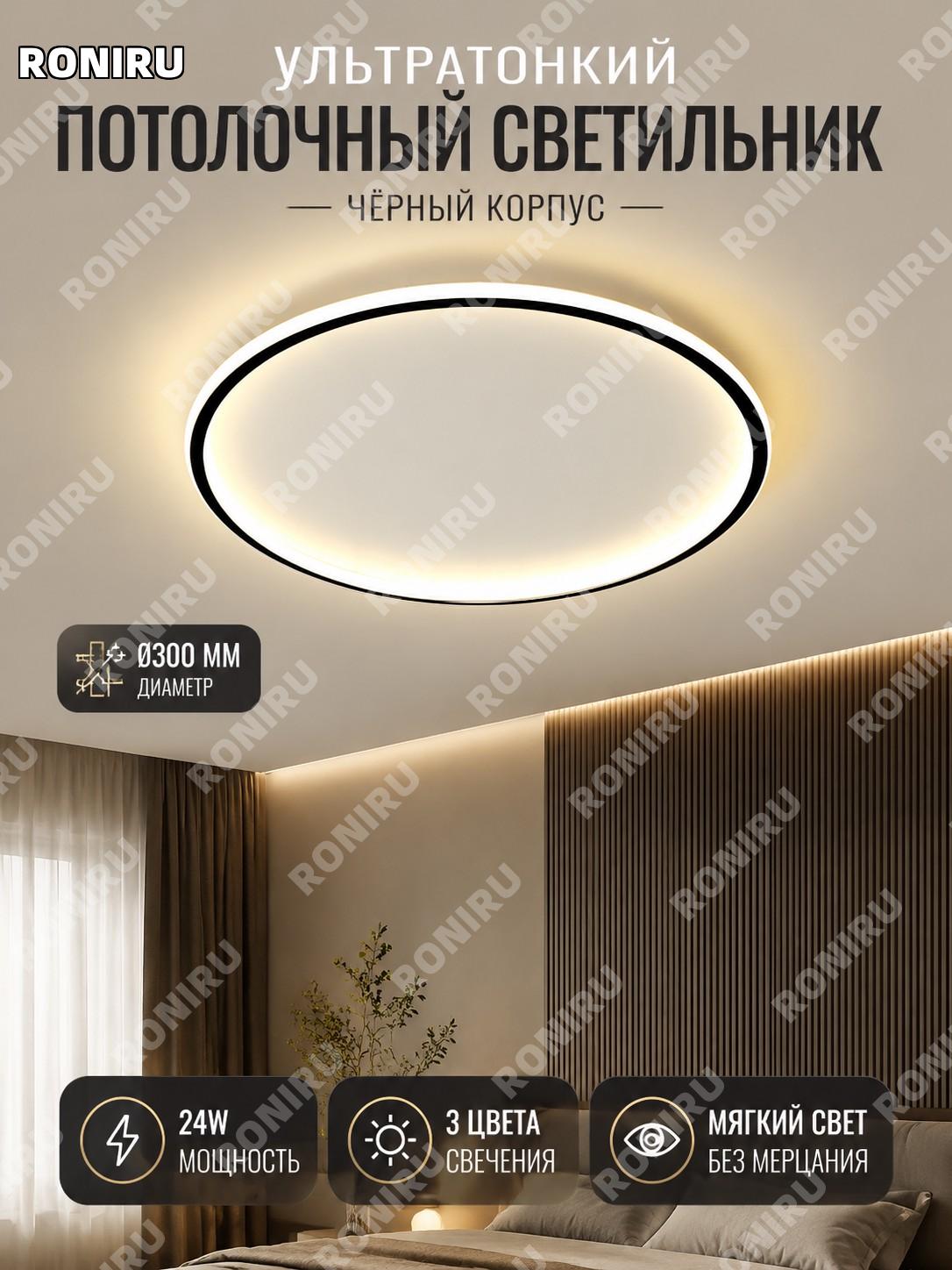 Потолочный LED светильник круглый Солнце черный Ø300 мм 24W, 3 режима света, для спальни и коридора современный