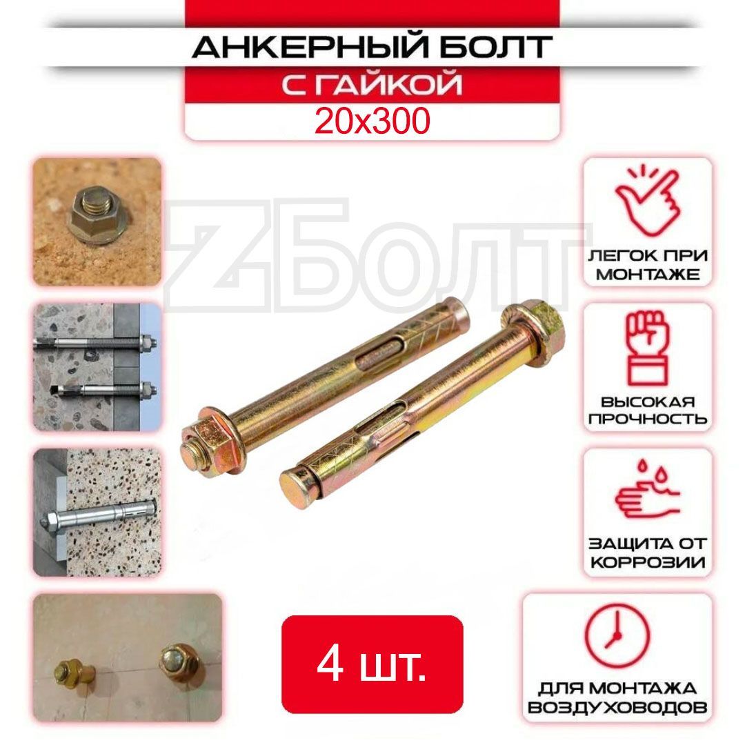 Анкерный болт с гайкой 20х300 мм - 4 шт.