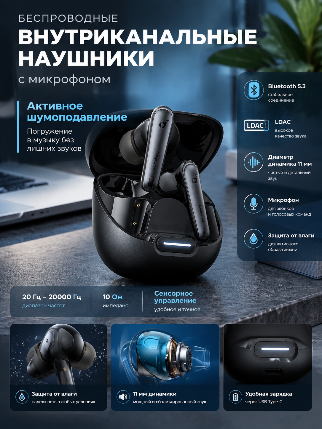 Беспроводные внутриканальные наушники с микрофоном, ANC, Bluetooth 5.3 и LDAC, черные