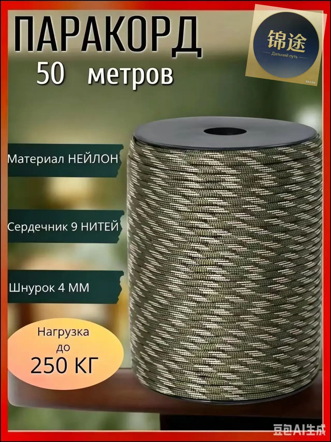 Бестселлер, паракорд 50 м диаметром 4 мм из 9 жил для плетения, в бежевозеленом цвете