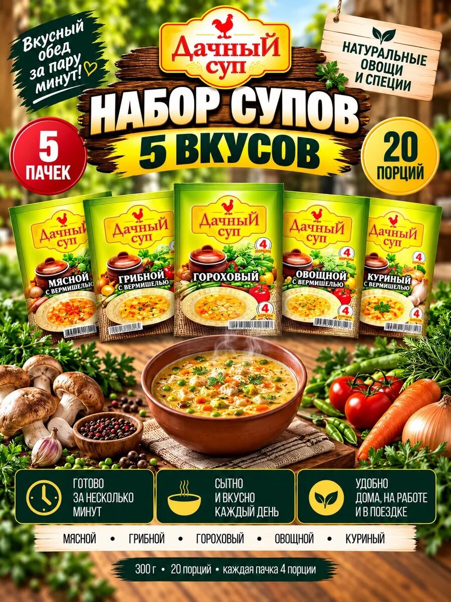 Набор супов 5 вкусов 300г мясной грибной гороховый овощной к