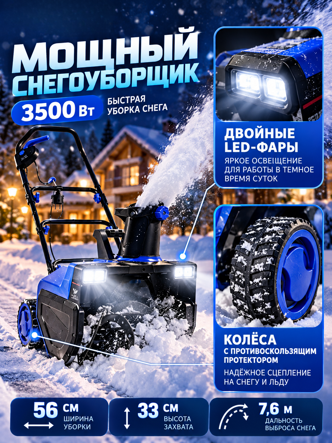 Снегоуборщик электрический 3500W 220V, колесный, удлинитель 10м, ширина 56см глубина 33см, выброс 7.6м, фары led, легкий