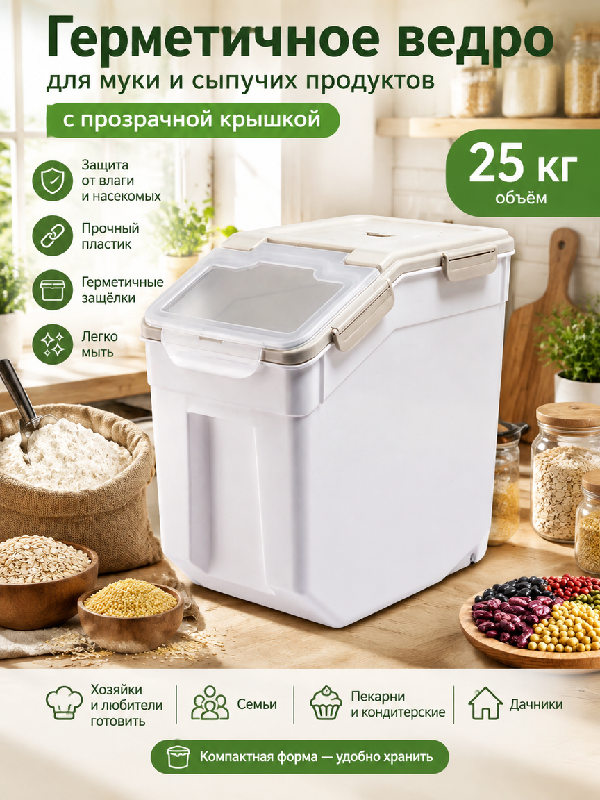 Герметичное ведро для муки и сыпучих продуктов, 25 кг, с прозрачной крышкой для кухни и хранения