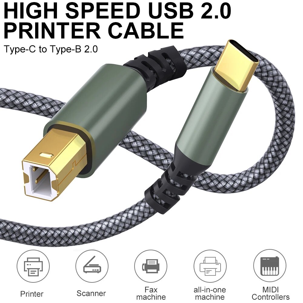 USB-C на USB-B кабель для принтера, 1 м, Бежевый/Зеленый