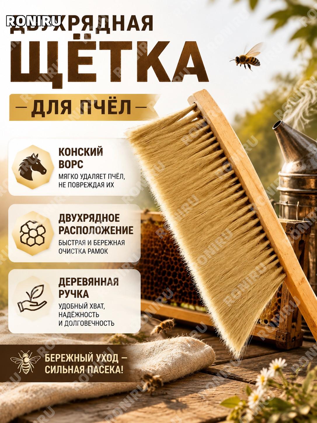Двухрядная щетка для пчел с конским ворсом и деревянной ручкой, удобный инструмент для ухода за ульями и рамками