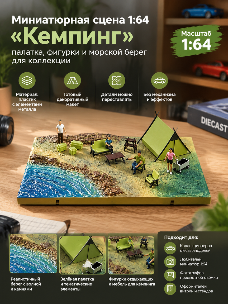 Миниатюрная сцена 1:64 «Кемпинг»: палатка, фигурки и морской берег для коллекции