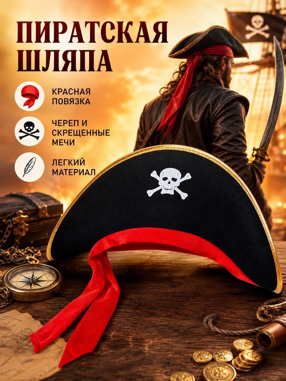 Пиратская шляпа на Хэллоуин, шляпа капитана пиратов, аксессуар для костюмированных вечеринок