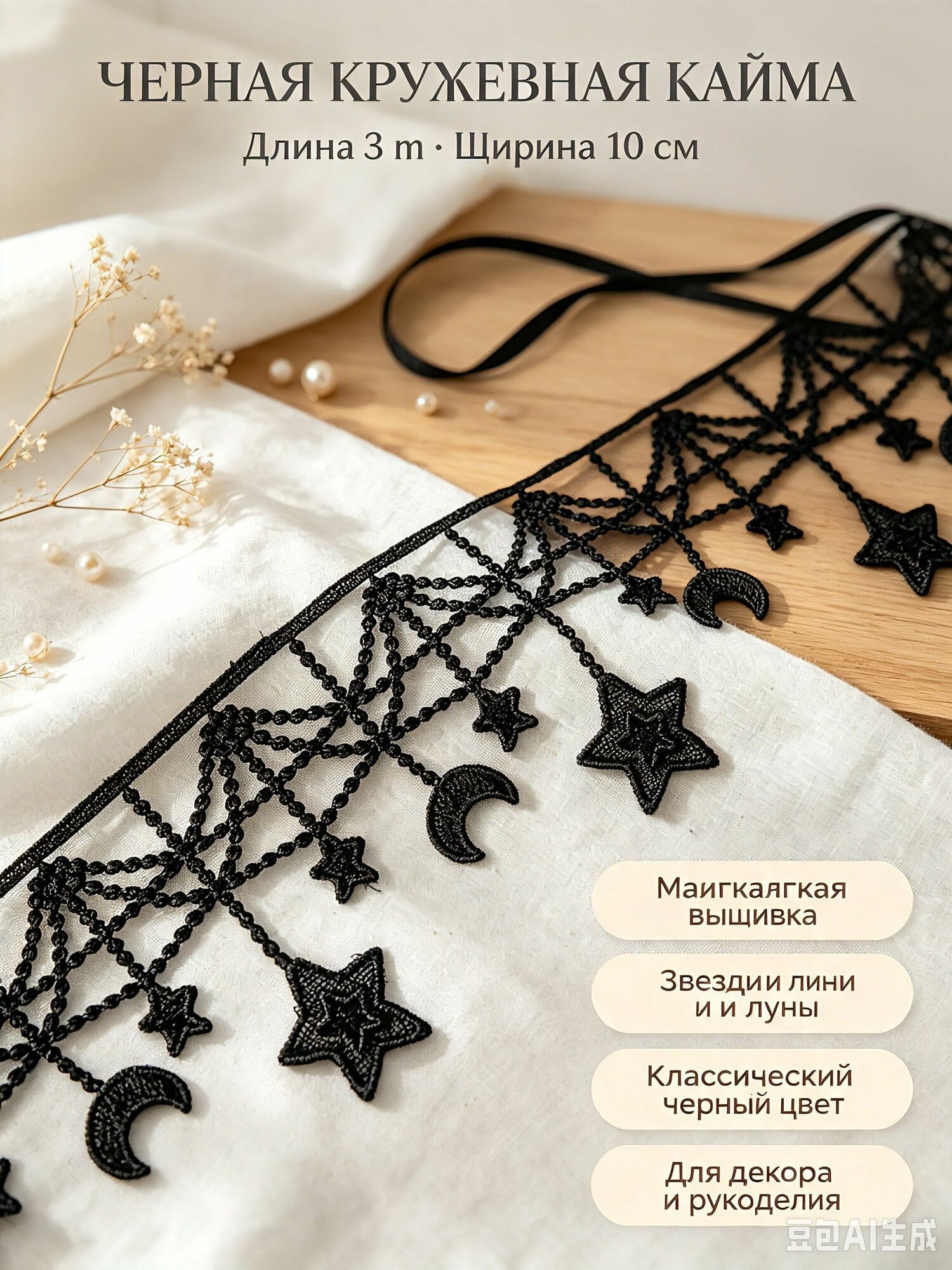 Вышитая кружевная тесьма с узором звёзд и луны, 10 см, 3 м, чёрная для одежды в стиле Лолита