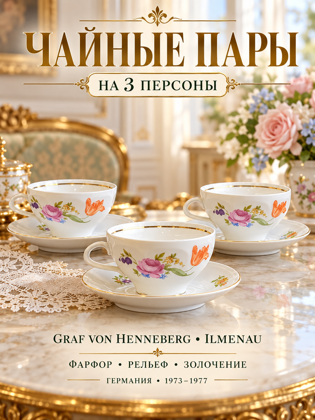 Шикарные чайные пары на 3 персоны, фарфор, "Мейсенский букет", рельеф, золочение, Graf Von Henneberg Porzellan, 1777 Jlmenau, Германия, винтаж 1973-1977 гг