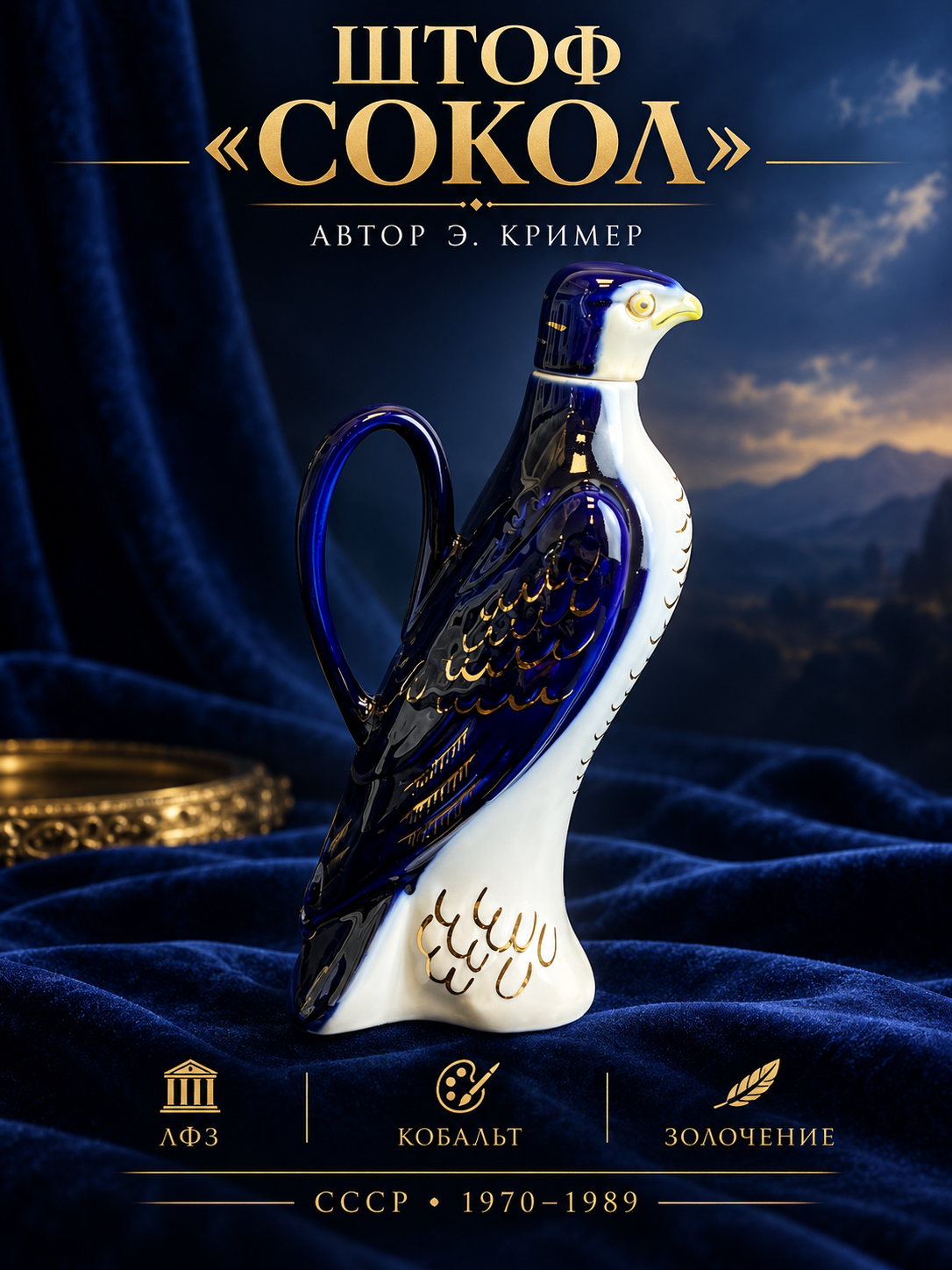 Штоф "Cокол" автор Э. Кример, фарфор, кобальт, золочение, Ленинградский фарфоровый завод (ЛФЗ), СССР, 1970-1989 гг.
