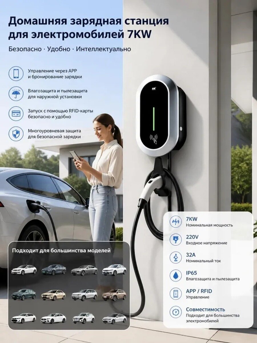 Настенная зарядная станция для электромобилей 7 кВт, 32 А, 220 В, с RFID и приложением