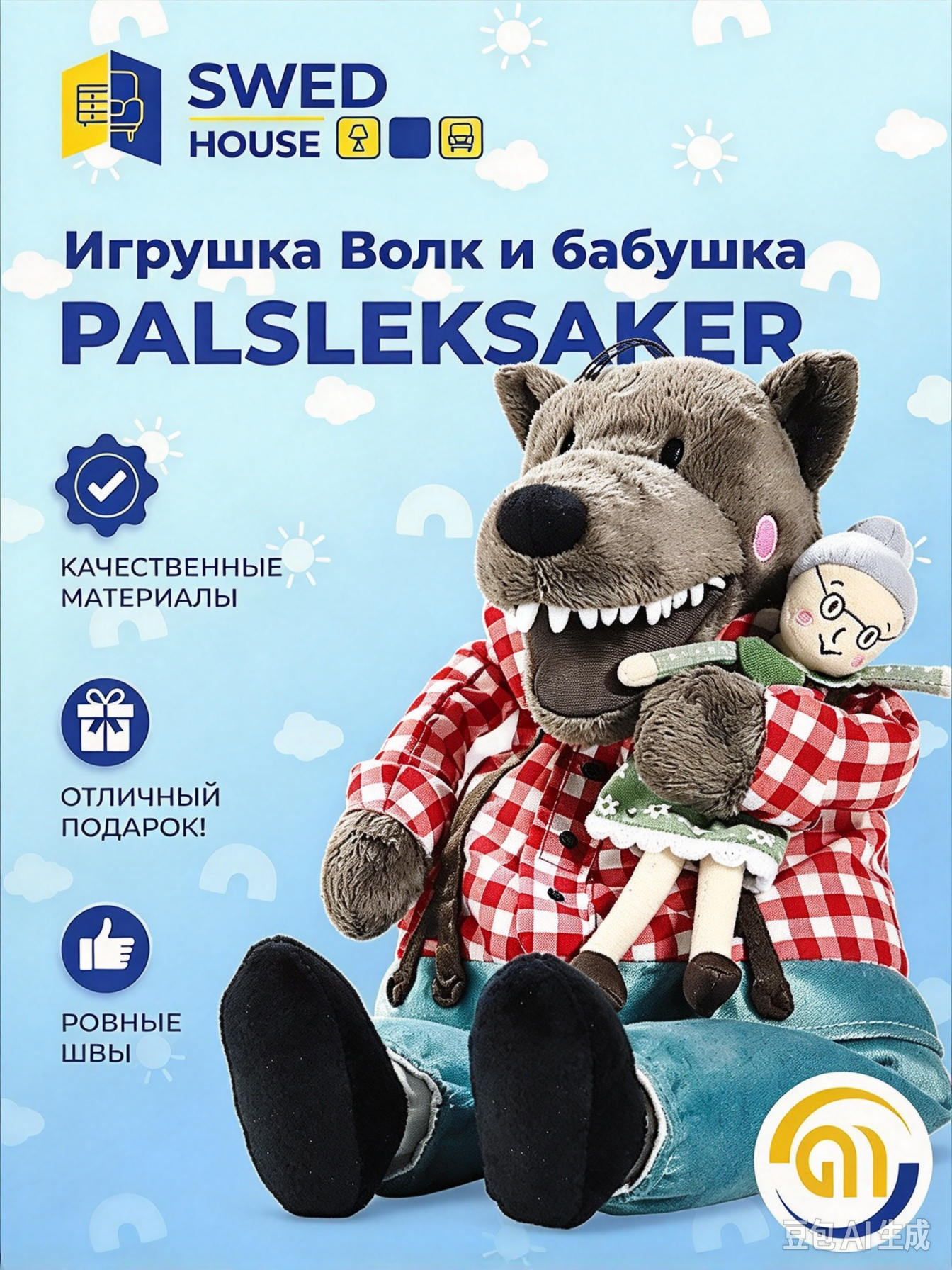 Игрушка Волк и бабушка, мягкая театральная кукла для сюжетных игр и детского творчества
