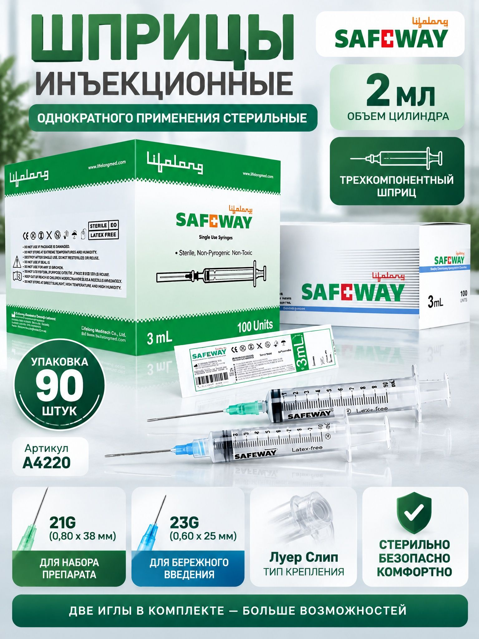 Шприцы инъекционные однократного применения стерильные Safeway 2 мл с двумя иглами 21G(0,80x 38 мм), 23G(0,60x 25 мм) с коннектором Луер Слип