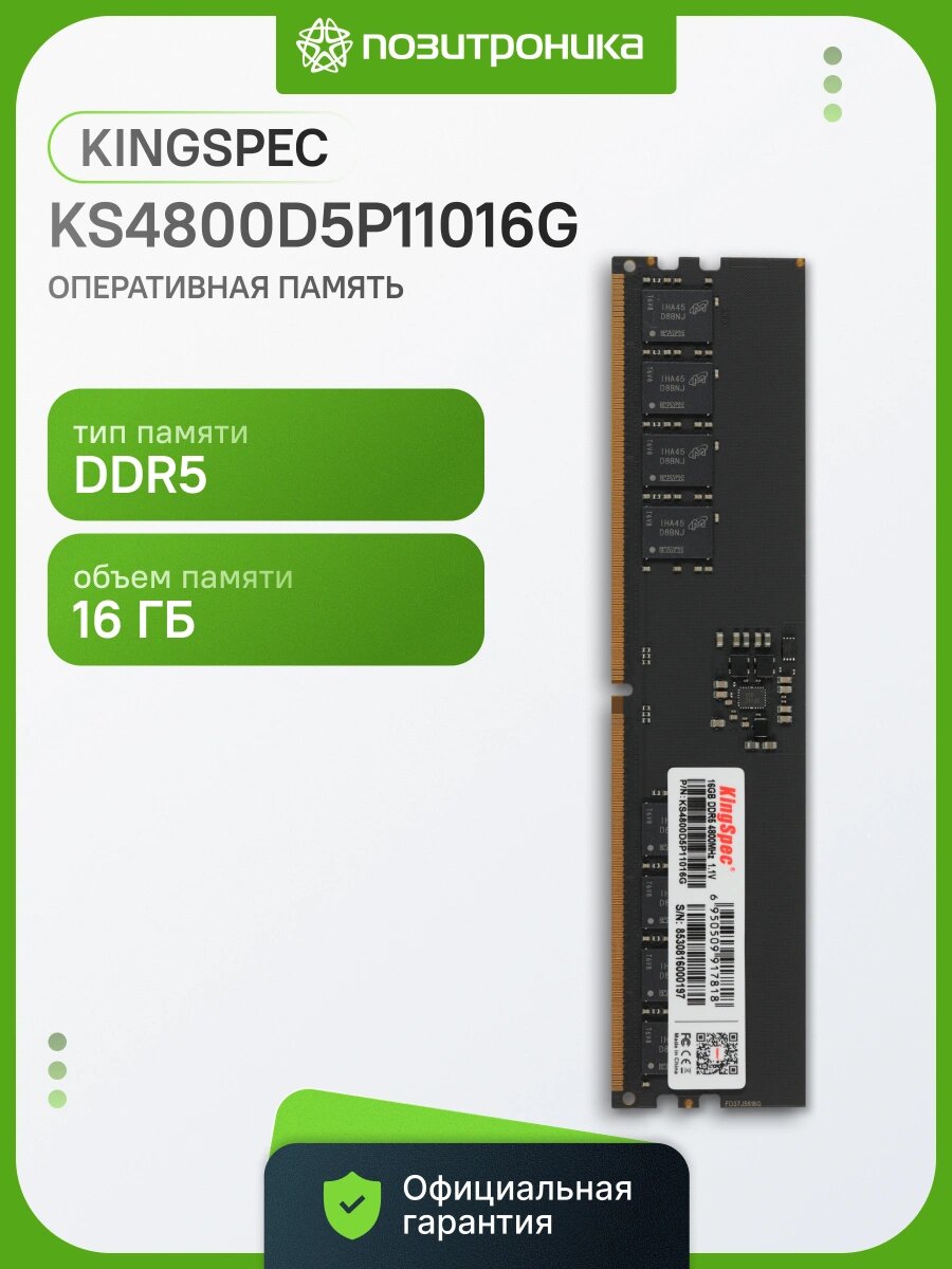 Память DDR5 16GB 4800MHz Kingspec KS4800D5P11016G RTL PC5-38400 CL40 DIMM 288-pin 1.1В single rank RTL