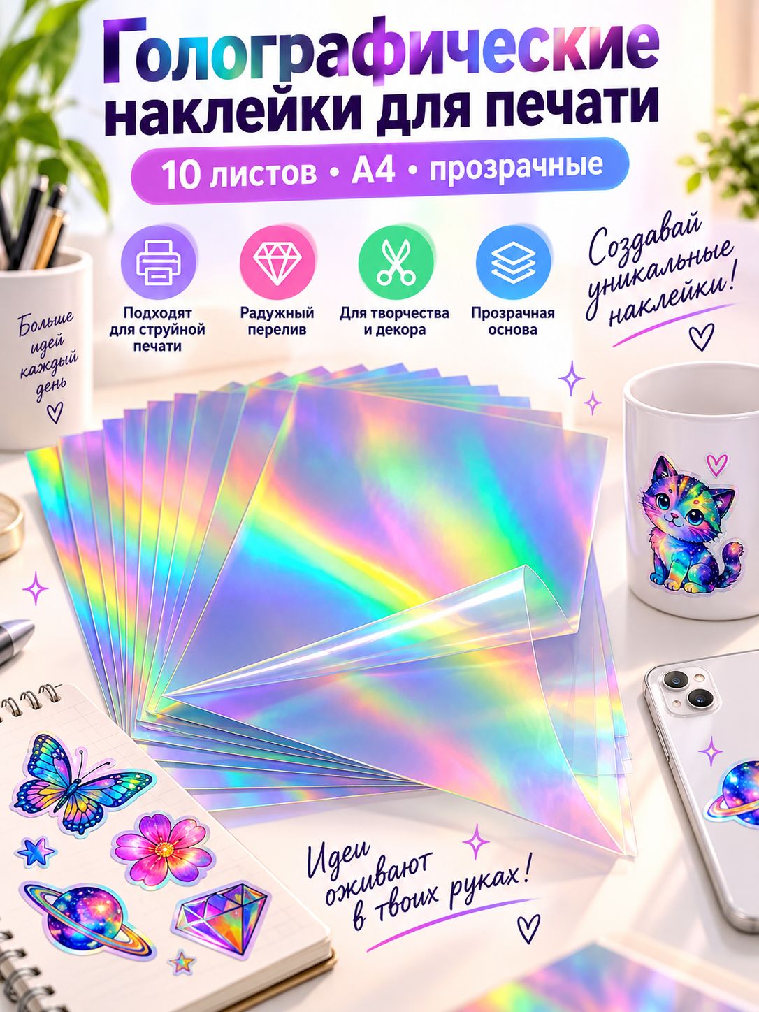 Голографическая пленка ламинирования самоклеящаяся, 10 листов, радужный переливающийся эффект