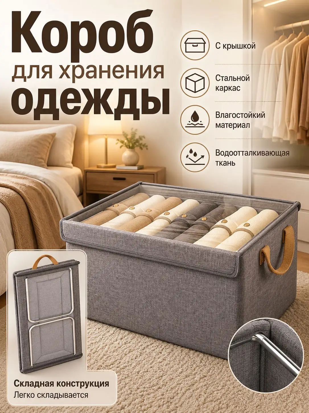 Коробка для хранения длина 40 см, ширина 27 см, высота 21 см, 1 шт, софт, серый