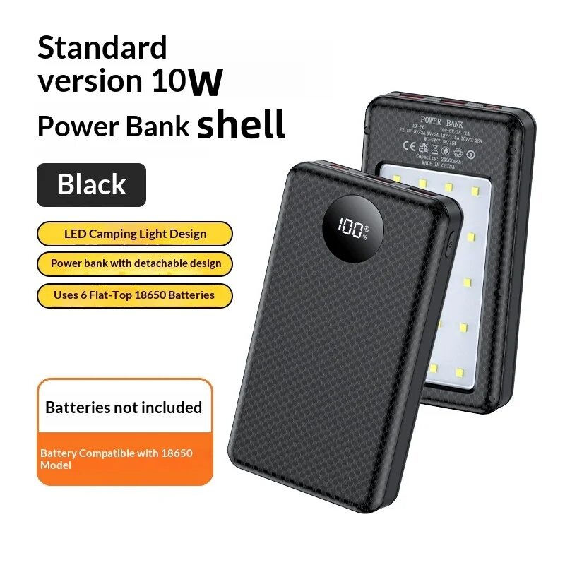 Портативный Внешний Аккумулятор С Двумя Портами USB Type-C, На 6 Аккумуляторов 18650, С Black C