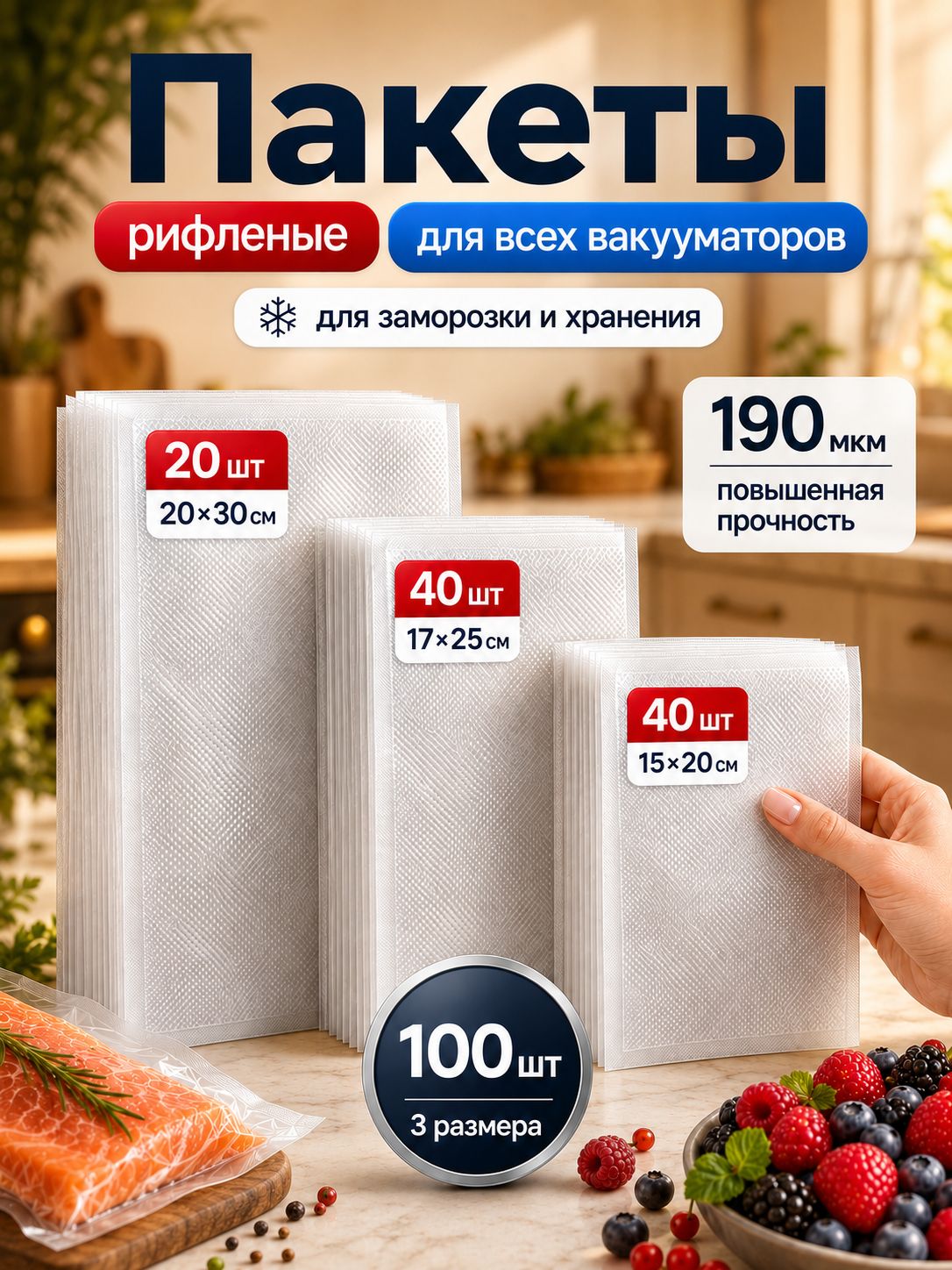 Пакеты для вакууматора рифленые 15х20, 17х25, 20х30см 100 шт