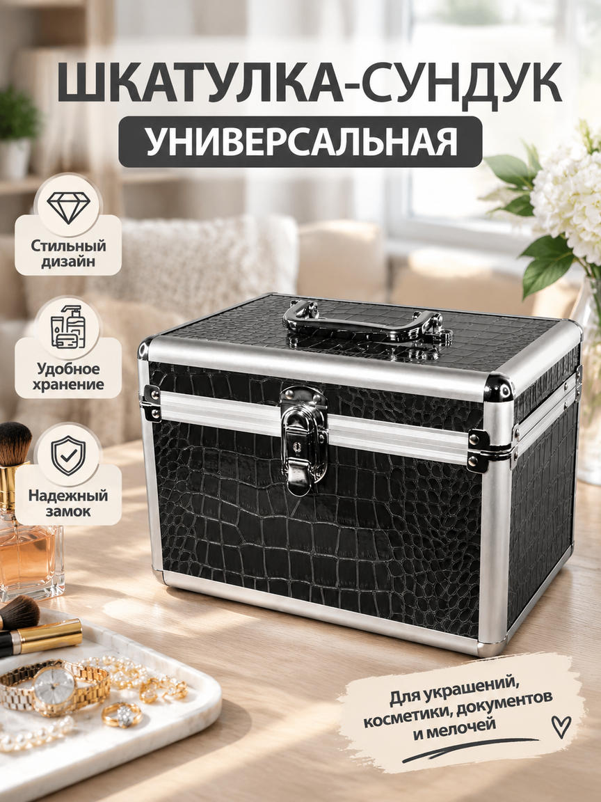 Шкатулка-сундук универсальная, 27×18×18 см, черная с текстурой крокодила, ручка, замок