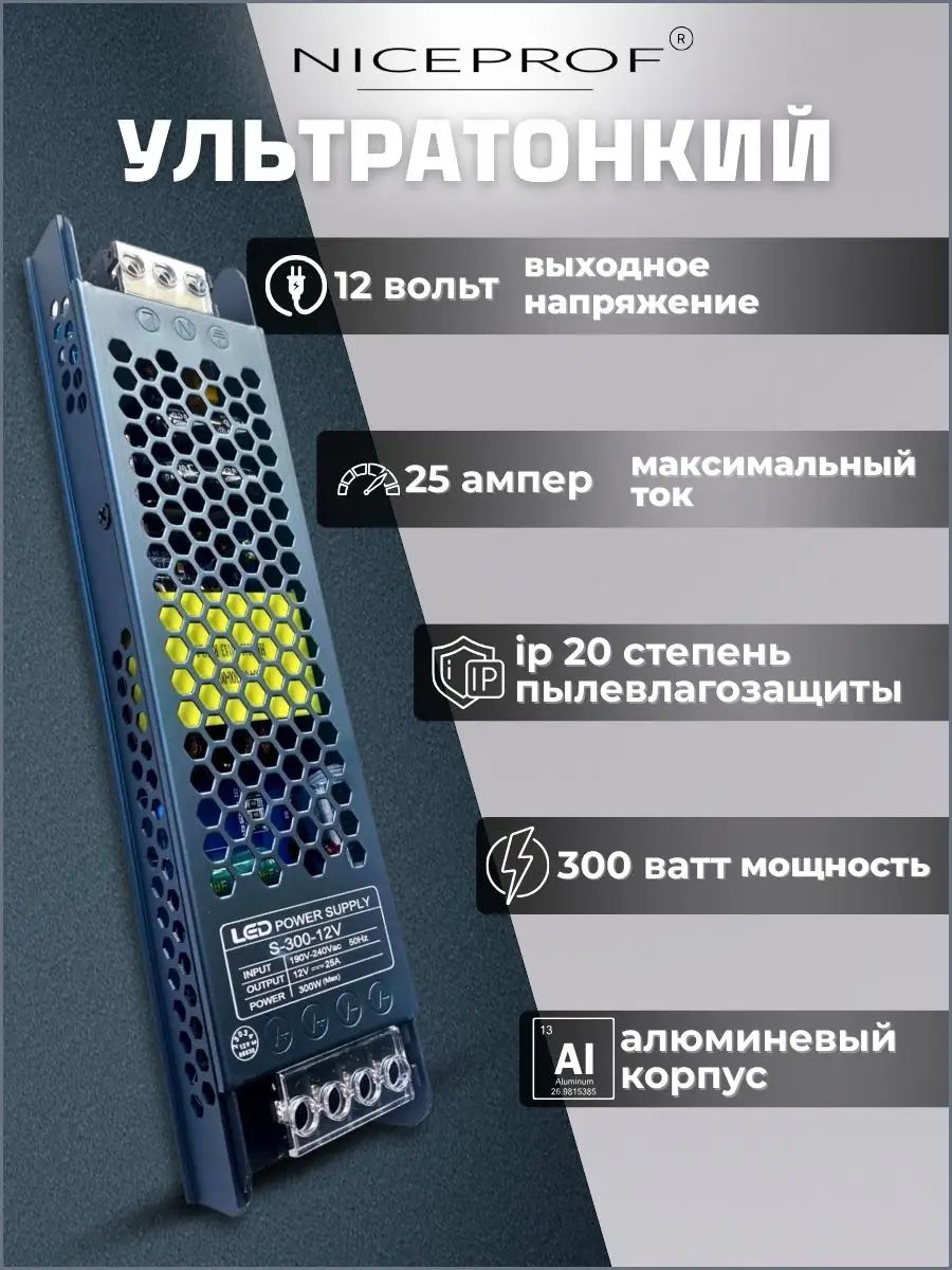 Импульсный блок питания 12V 300W 25A для светодиодных лент, LED подсветки и камер видеонаблюдения Niceprof Niceprof