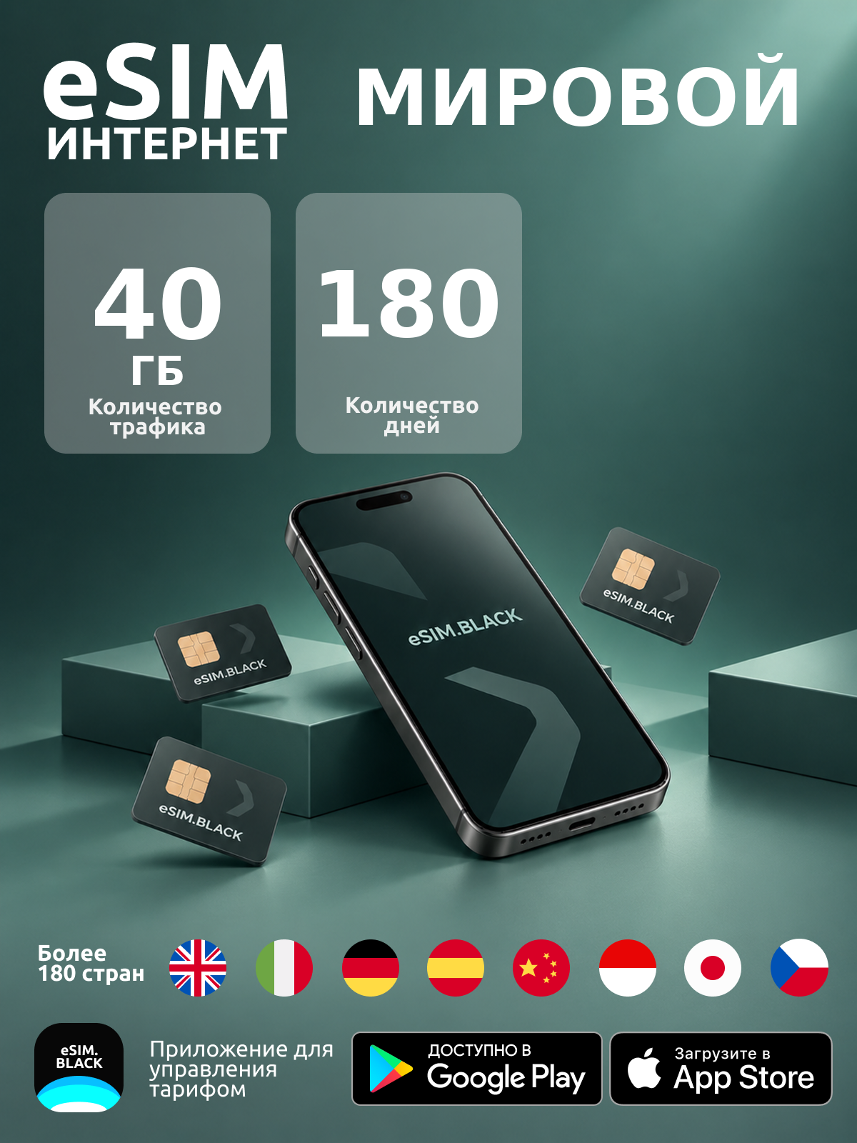 Мировой/180 дней/40 ГБ - eSIM для мобильного интернета ( iPhone | Android ).