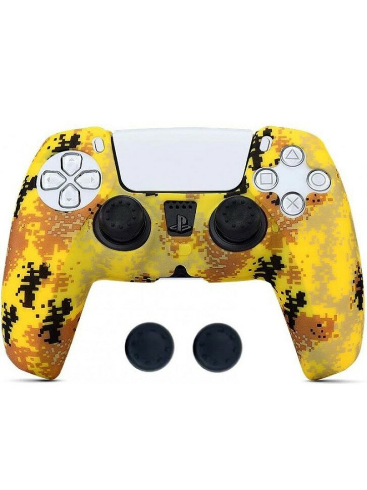 Силиконовый чехол для DualSense PS5 желтый камуфляж + 2 насадки на стики