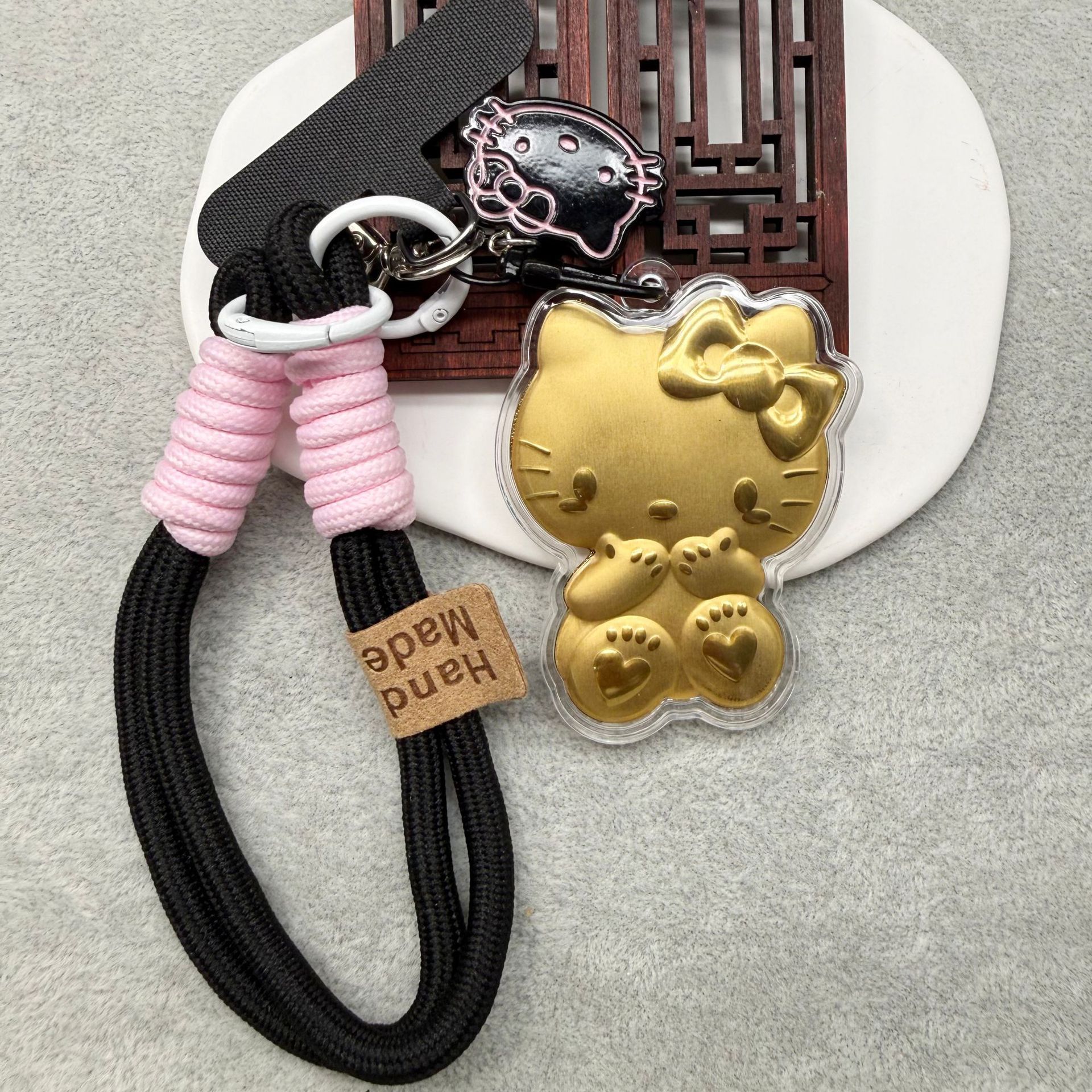 Брелок из золота 999 Kitty Cat, браслет для телефона, подвеска на сумку, черный шнурок с котиком, настоящее золото
