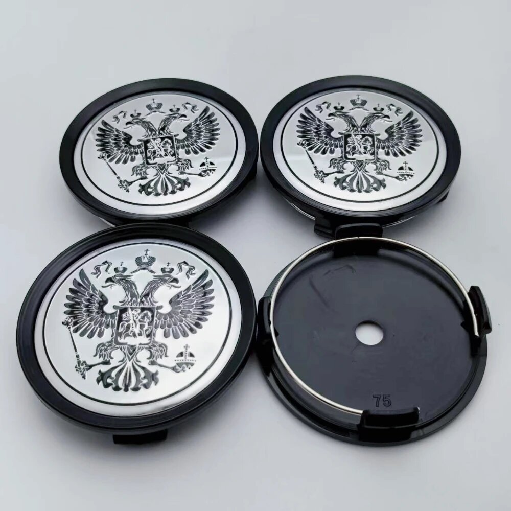4 шт. Колпачки для дисков с гербом России, 75mm, серебро-черный