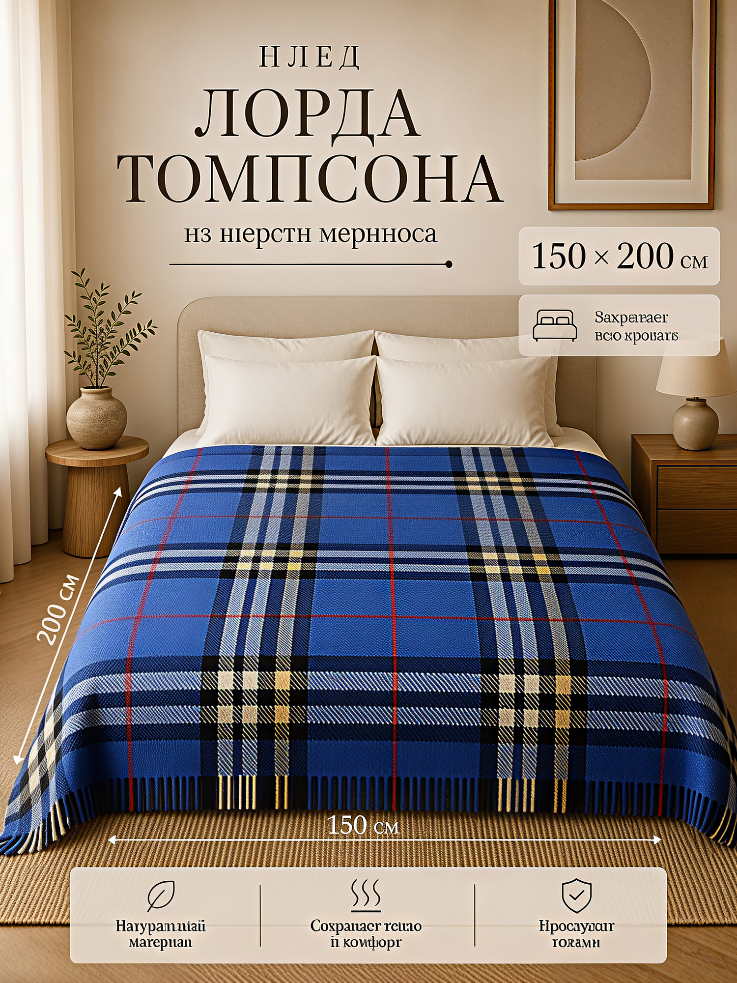 Плед Лорда Томпсона из мягкой овечьей шерсти в клетку 150х200