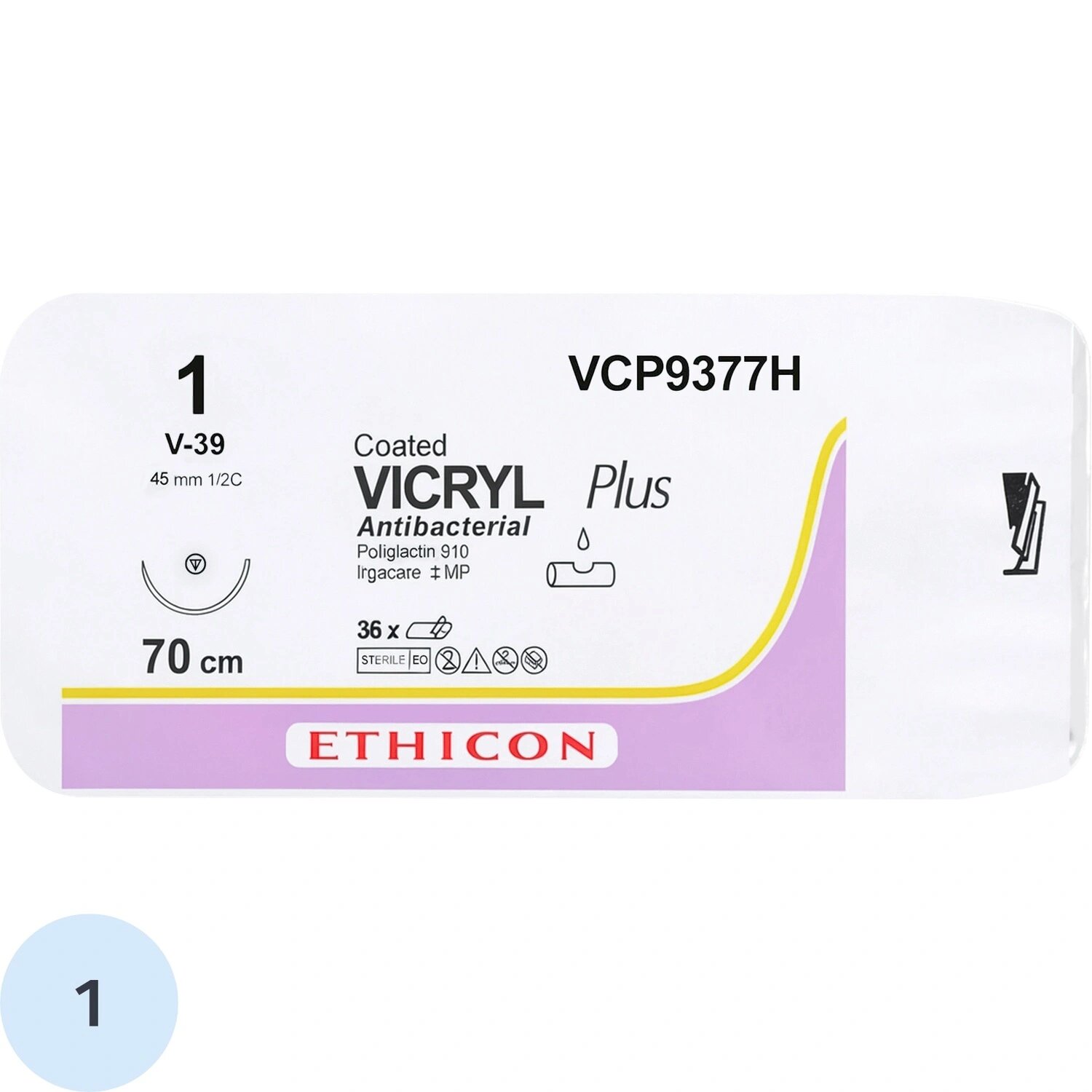 Ethicon Шовный материал хирургический рассасывающийся Ethicon Викрил плюс USP 3/0 70 см колюще-режущая игла 26 мм 1/2 VCP9377H (36 штук в упаковке)
