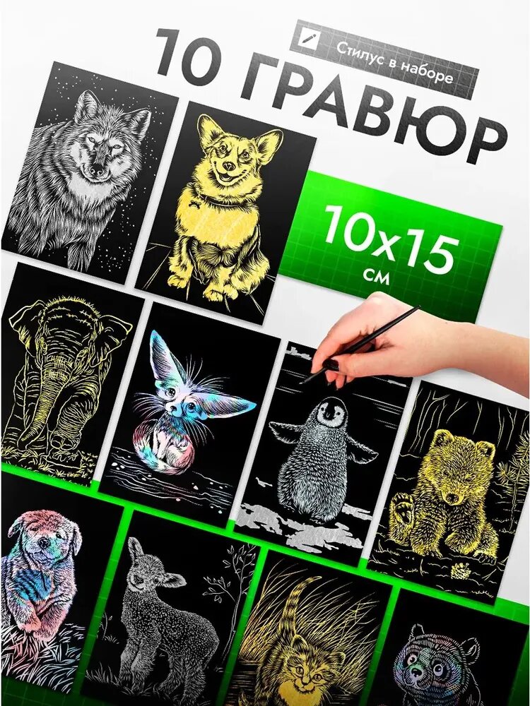 Гравюра скретч картина Животные 10 шт.