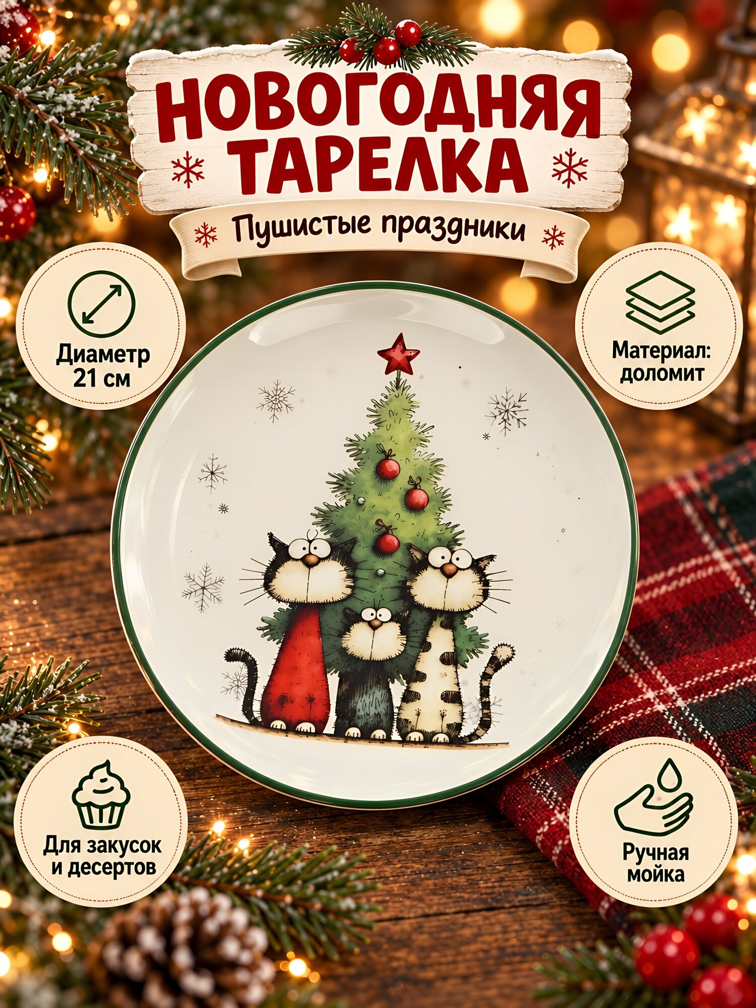 Тарелка Daniks «Пушистые праздники», доломитовая, круглая, 21х21х2,3 см, новогодняя