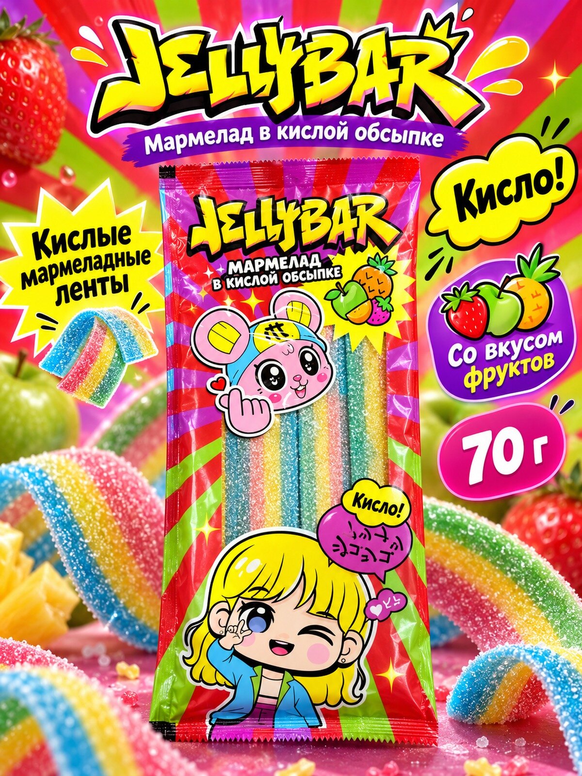 Мармелад жевательный Jellybar в кислой обсыпке 70 г, мармеладные ленты со вкусом фруктов