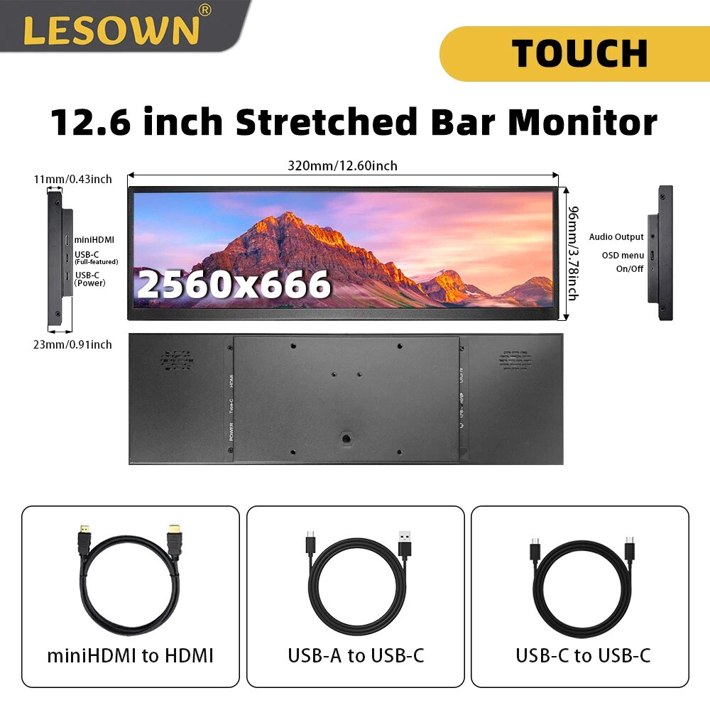 Монитор сенсорный LESOWN, 12,6 дюйма, 1920x51, 5 IPS, 1200:1, USB, Тип C, HDMI
