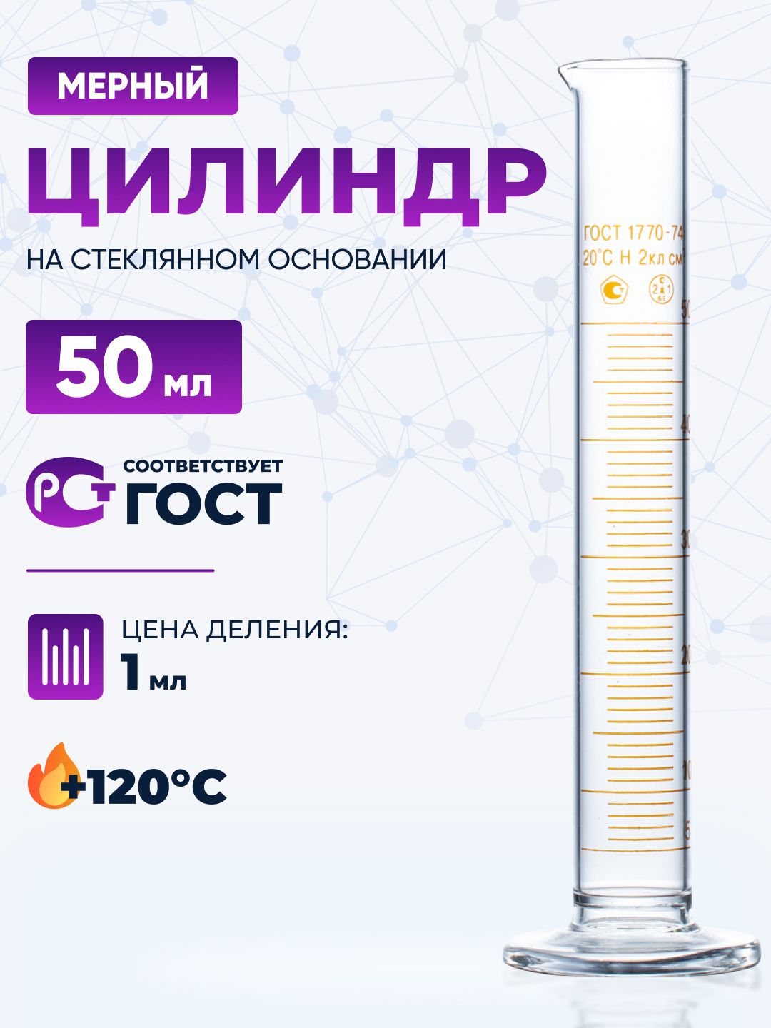 Цилиндр мерный 50 мл (без поверки), (термостойкое боросиликатное стекло Boro 3.3), Лаборио