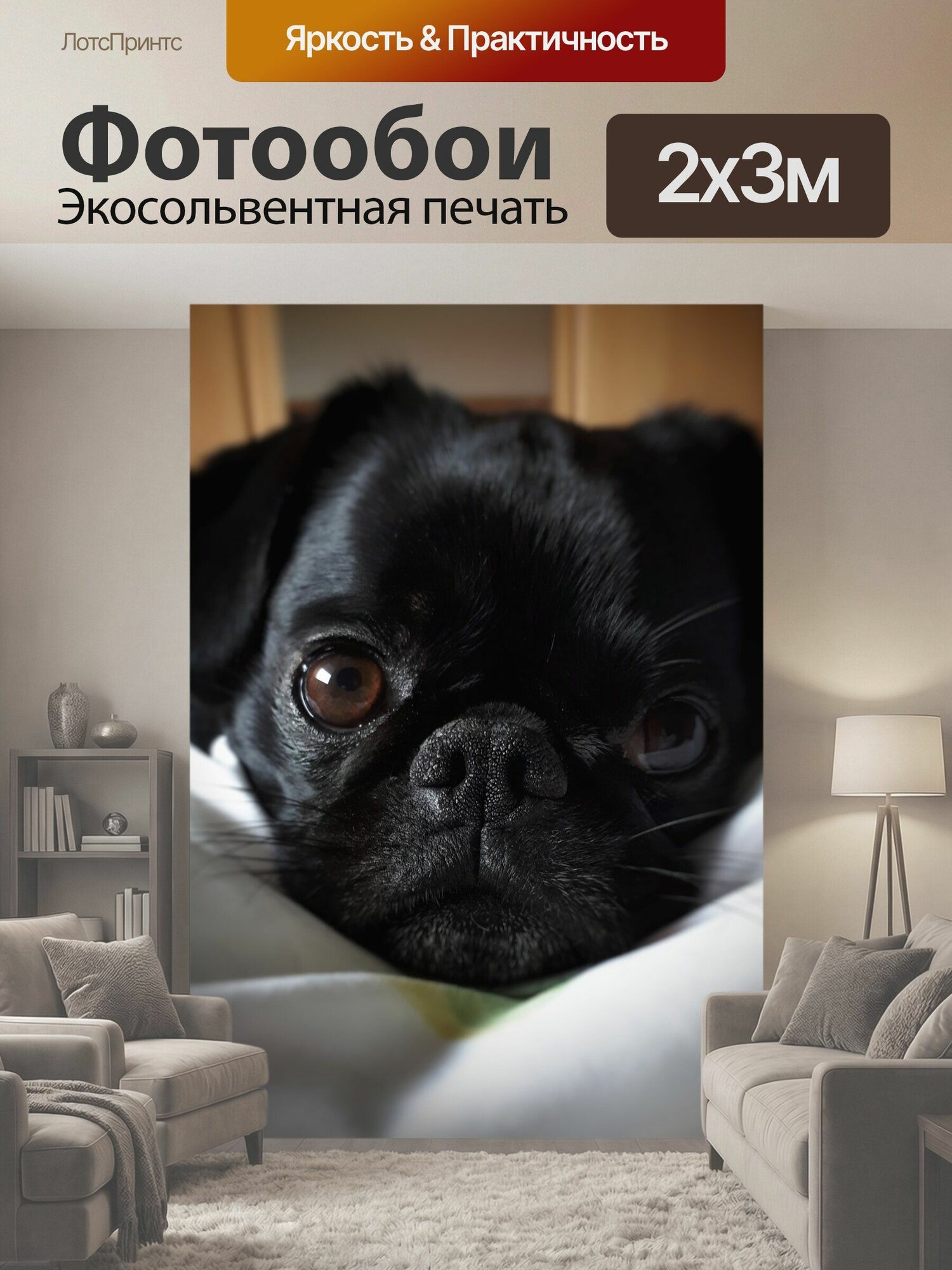 Фотообои "Мопс, собака, лояльный к" 200x300 см. флизелиновые на стену